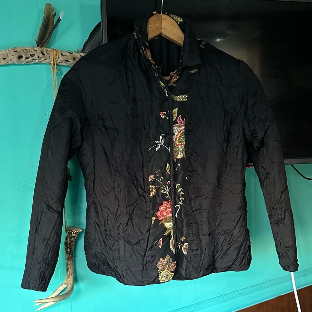 Quilted Silk Artisan Jacket Small Petite Black Floral Coat Boho Quiet Luxury - Picture 7 of 8